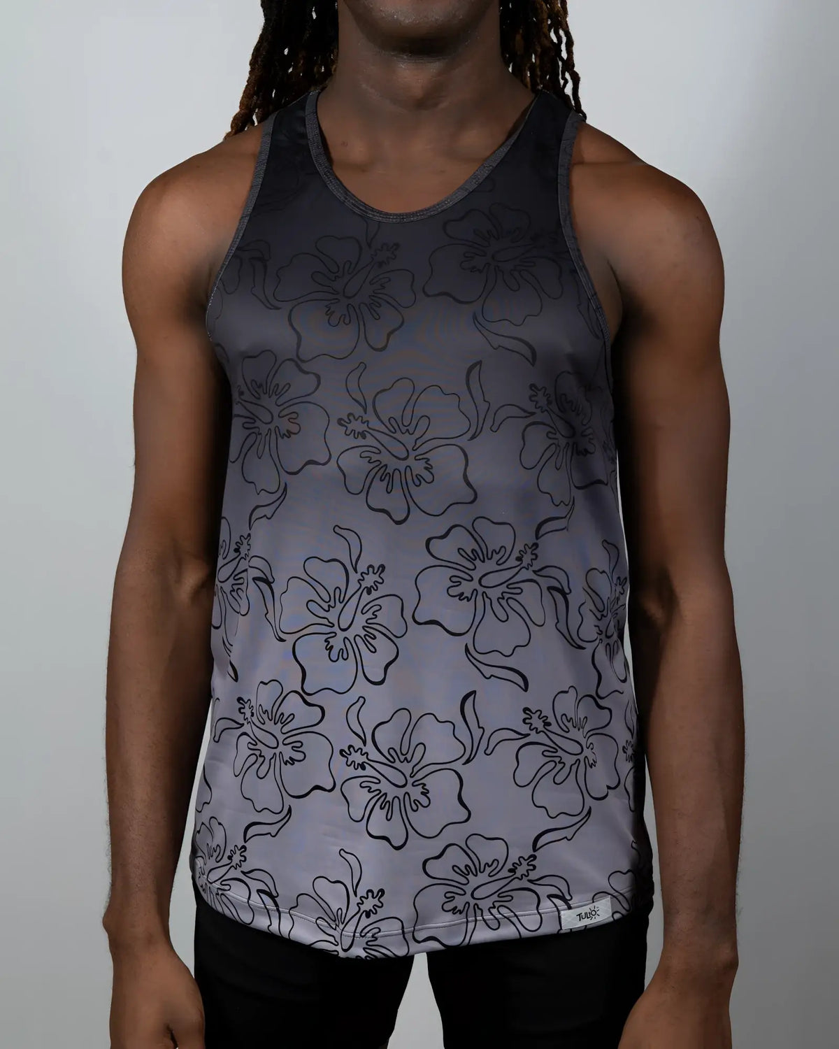 Gray gradient tank top with black outlined hibiscus flower pattern hibiscus ombre print tank for casual wear