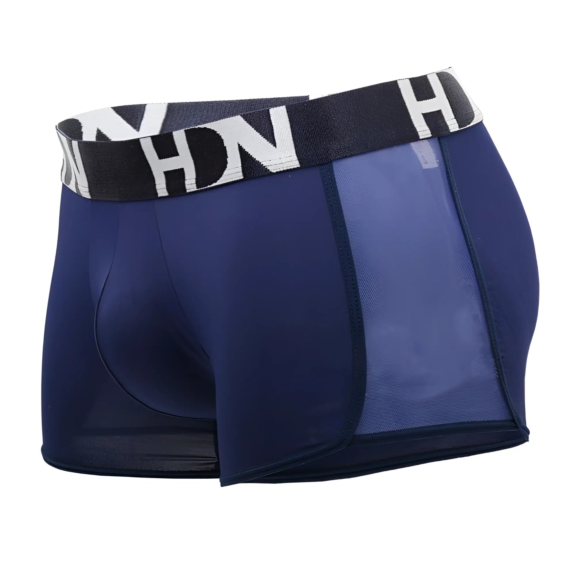 Navy blue hidden 964 mesh side trunks for men with black and white patterned waistband featuring hn letters