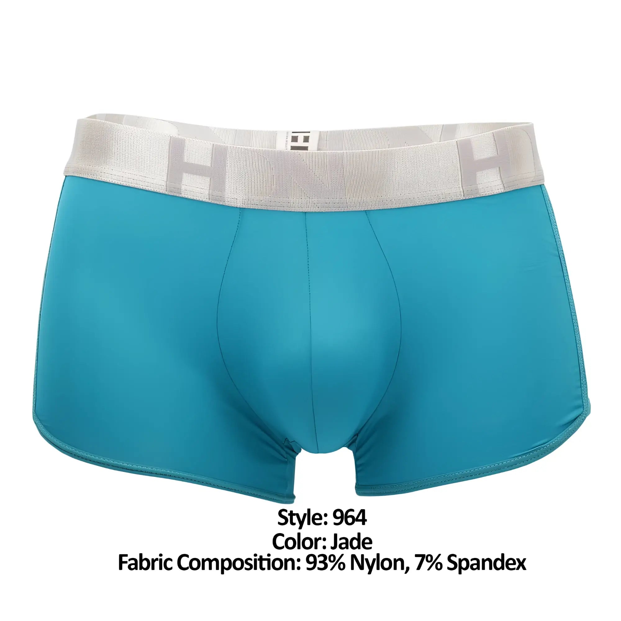 Jade colored men’s boxer briefs with mesh side trunks and light gray elastic waistband with embossed lettering