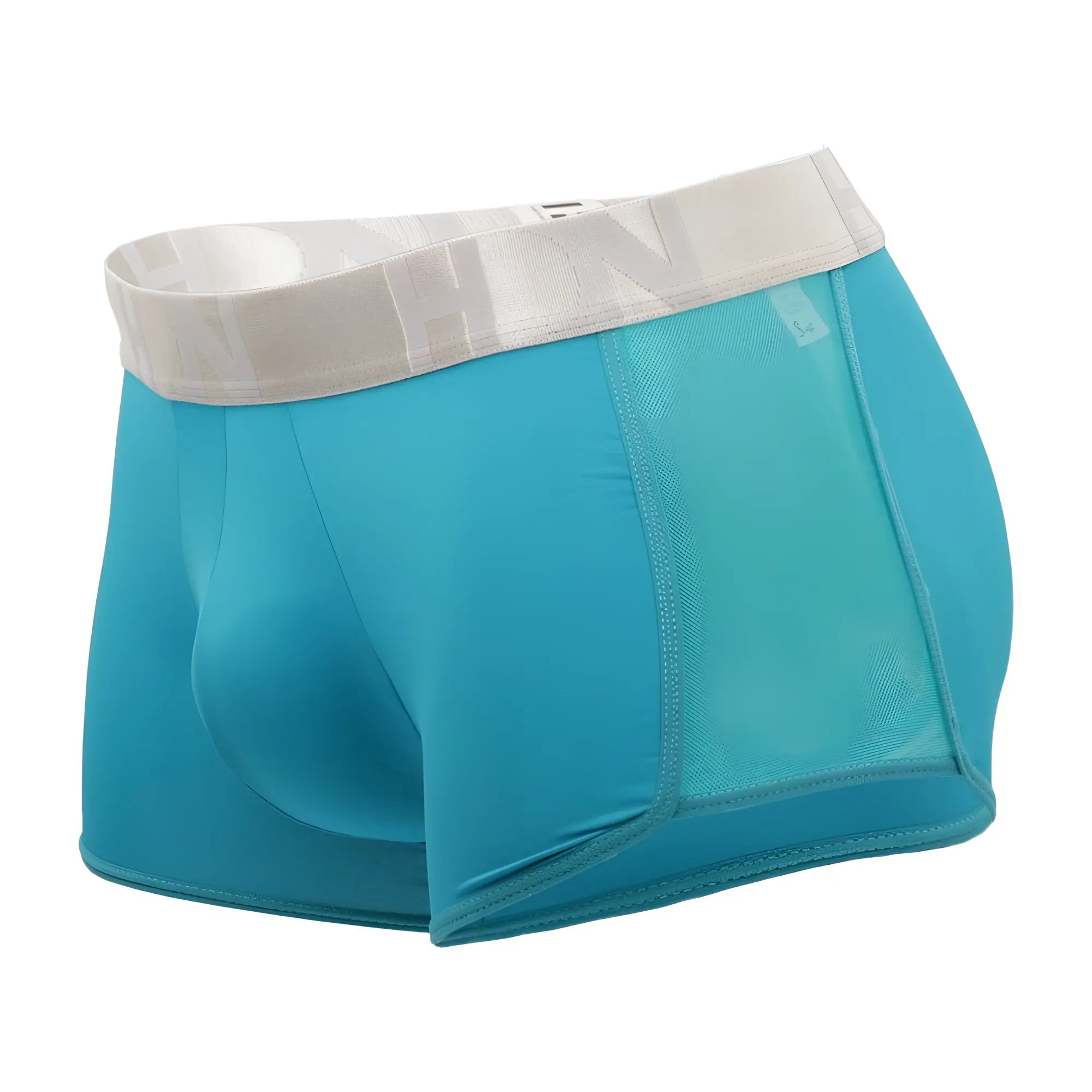 Turquoise hidden 964 mesh side trunks with white elastic waistband featuring subtle branding in jade color