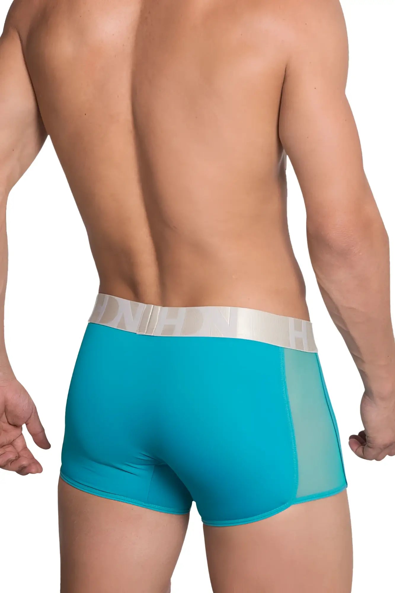 Turquoise hidden 964 mesh side trunks with silver waistband and brand logo in jade color for men
