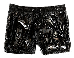 Black glossy plastic high gloss shorts with elastic waistband and drawstring for stylish casual wear