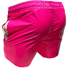 Vibrant fuchsia high gloss shorts with shiny reflective nylon finish and elastic waistband for comfortable fit