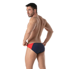 Navy blue and red two-tone swim bikini bottoms designed for holidays with a comfortable fit and quick-dry fabric
