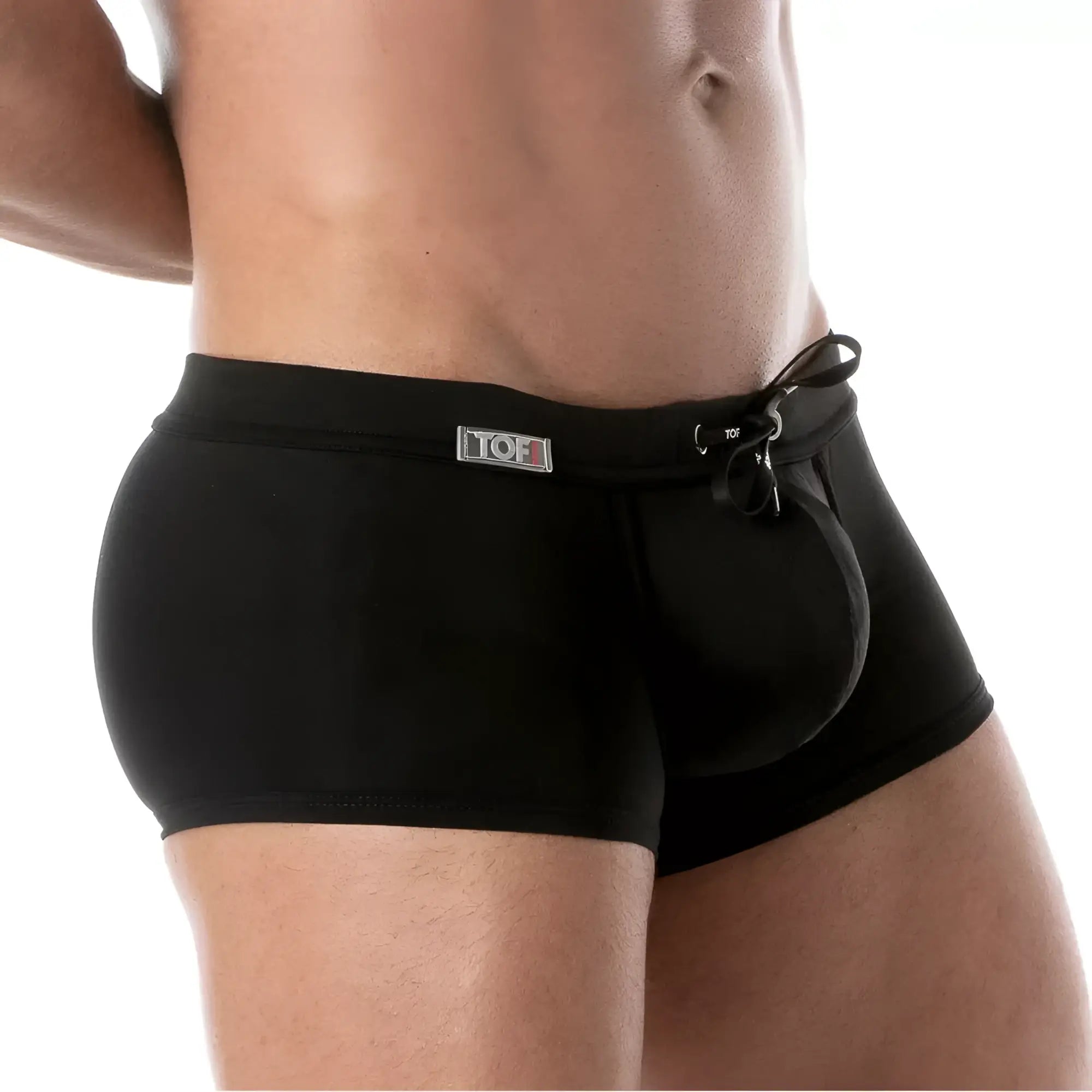Black holidays swim trunk with drawstring waistband and front pouch designed for comfortable beachwear