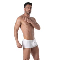 White holidays swim trunk with drawstring waistband and front pouch designed for men’s swimwear use