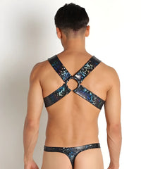 Shiny blue and black holographic leather hologram harness with central circular ring for stylish wear