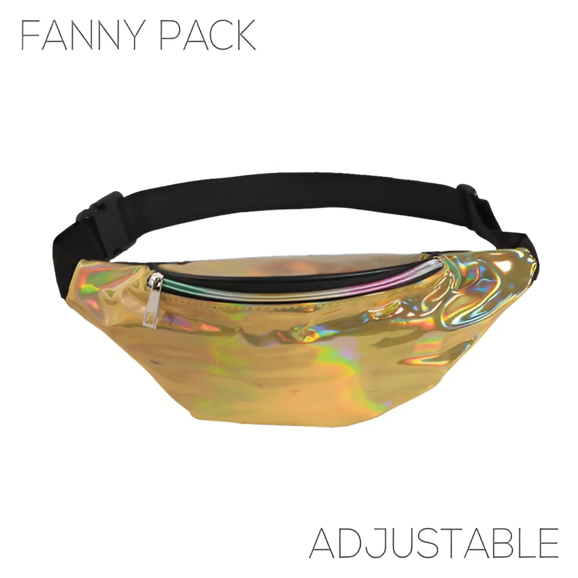 Holographic gold fanny pack with black adjustable strap shown front view in five color options available