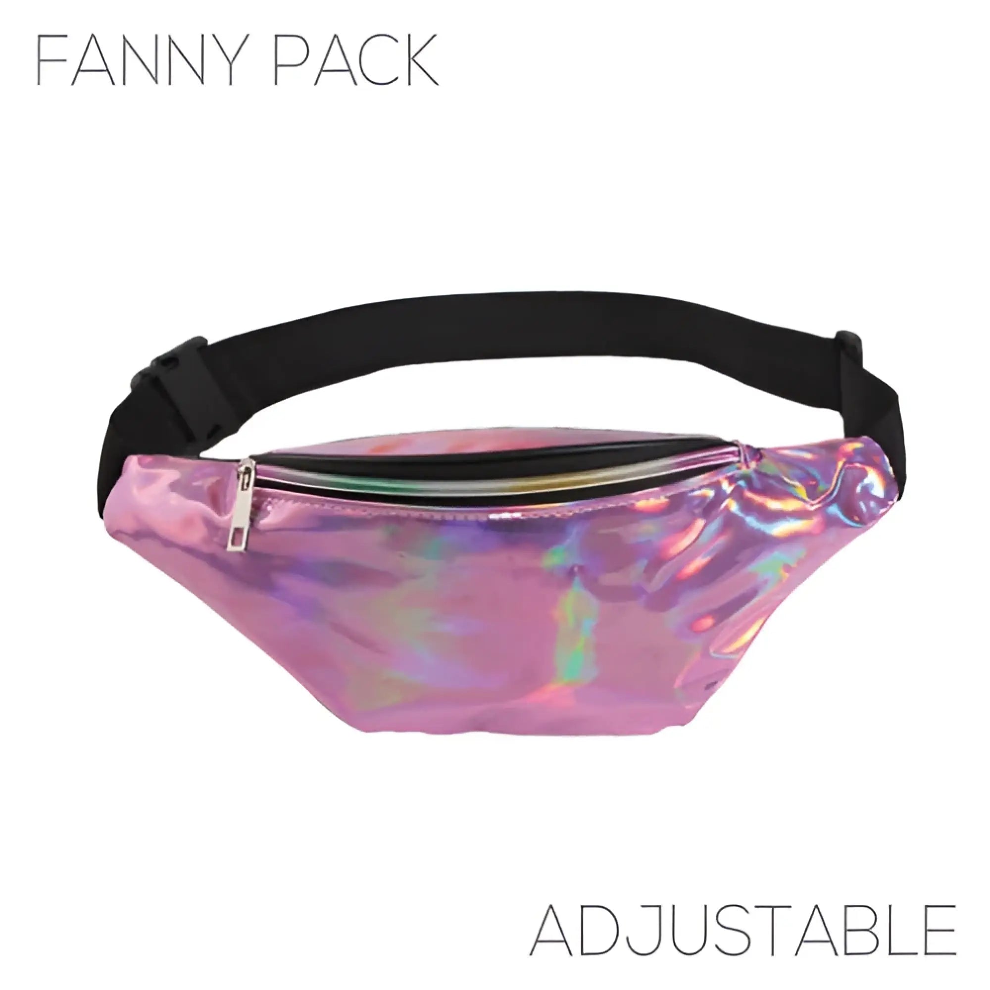 Holographic pink fanny pack with black adjustable strap in five colors perfect for hands-free carrying