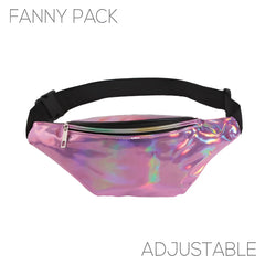 Holographic pink fanny pack with black adjustable strap in five colors perfect for hands-free carrying
