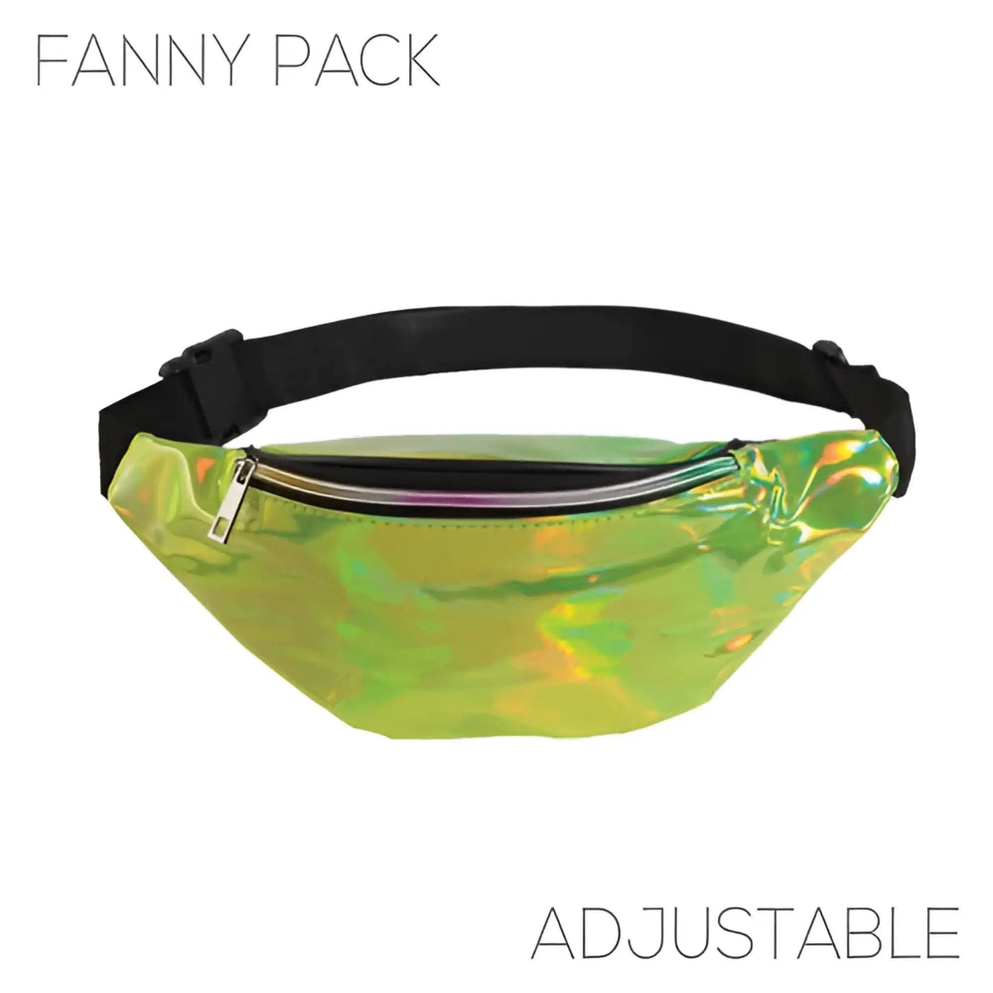 A holographic green fanny pack with a black adjustable strap and silver zipper in five colors available
