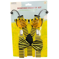 Honeybee dress-up kit featuring a yellow and black striped bee-themed dress with sunglasses and suspenders with bow tie
