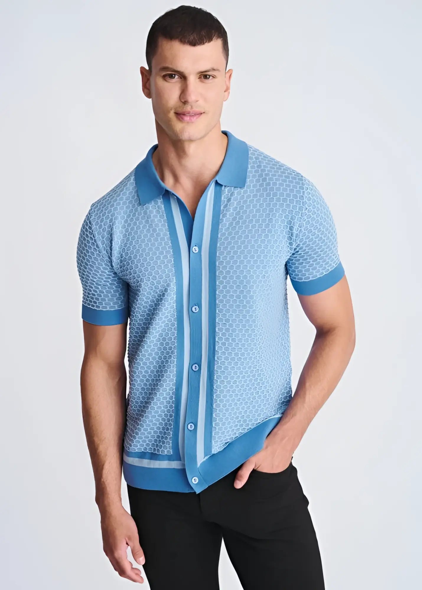Light blue short-sleeved knit polo shirt with honeycomb texture and dark blue trim on collar cuffs placket and hem