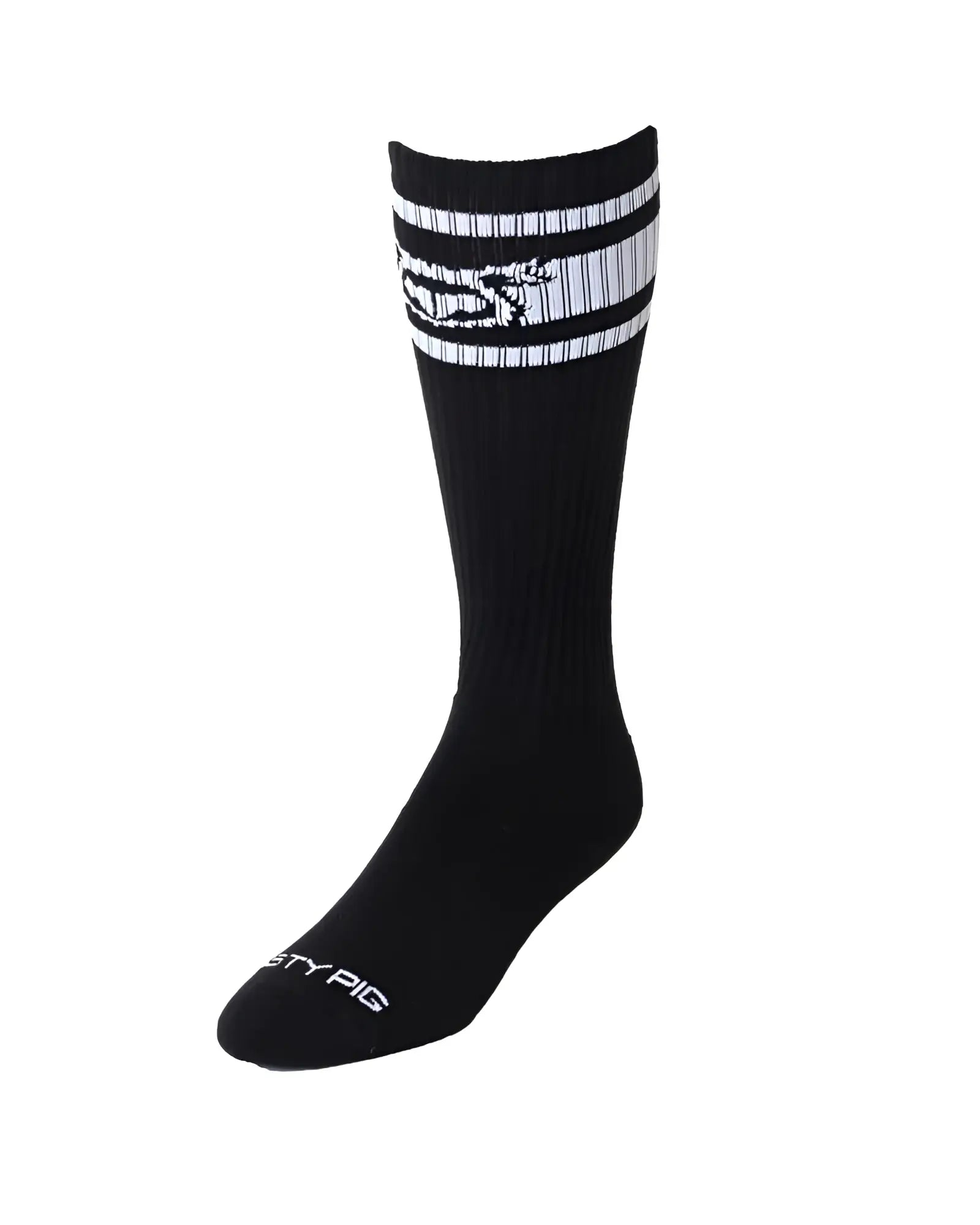 Hookd up sock black ribbed cotton with white striped cuff and stylized pig logo featuring sty pig branding on toe