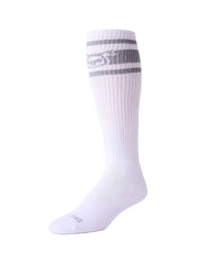 White ribbed knee-high sock hooked up sock with gray horizontal stripes and subtle logo near the top