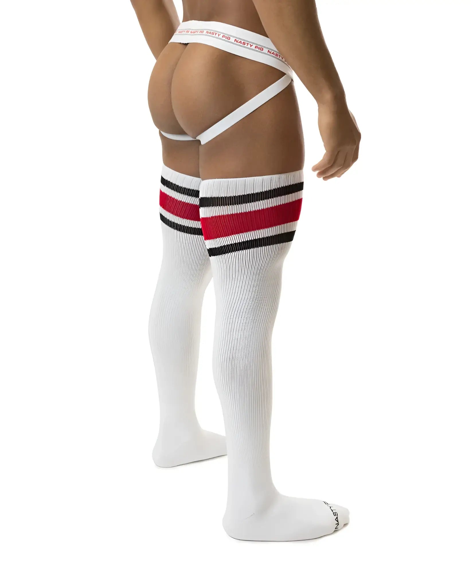 White hookd up thigh high socks with bold red and black stripes and nasty go branded white waistband
