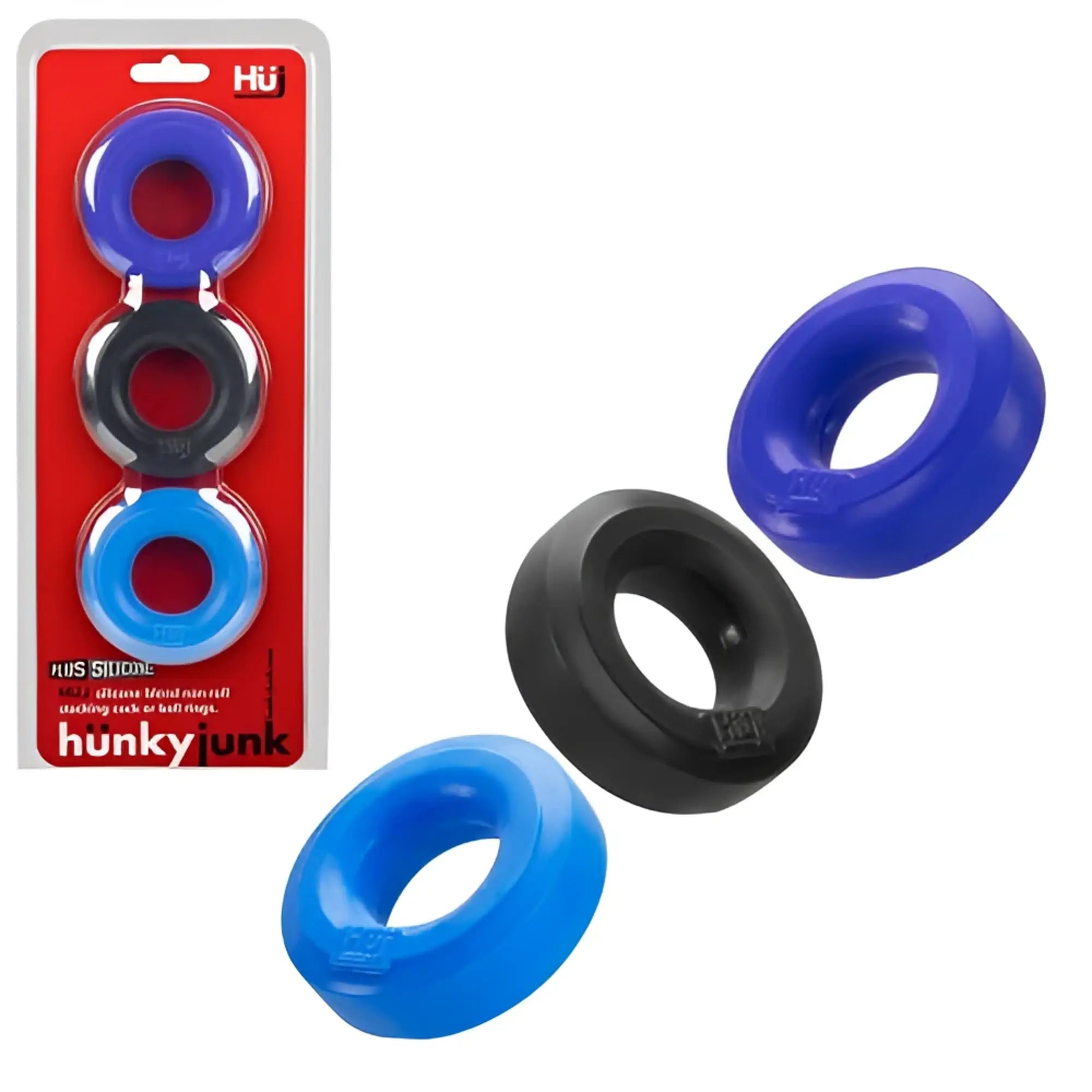 Blue and black silicone c-rings in a hunky junk package HUJ 3 3 pack for durable flexible use