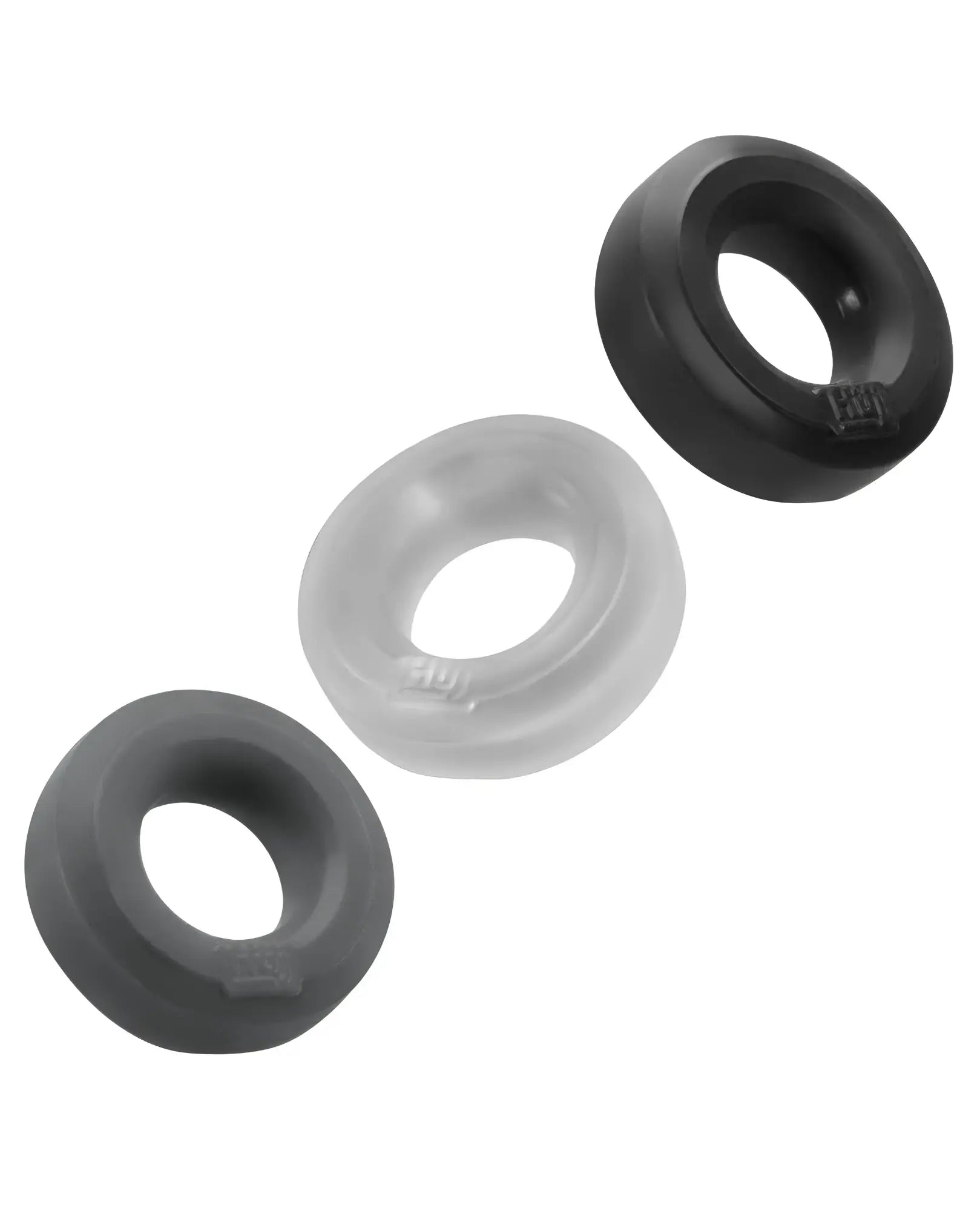 Set of three silicone ring enhancers in black translucent gray and clear for extra comfort and fit adjustment