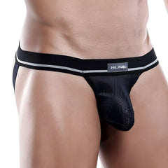Black hung brand jockstrap with mesh front panel and silver waistband trim in model hung HGE002