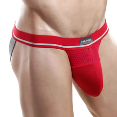 Red hung hge004 jockstrap with perforated mesh front and gray side panels for breathable support