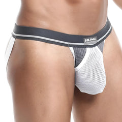 Gray and white mesh briefs with black elastic waistband featuring hung underwear logo in hung hge009 jockstrap design