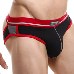 Black and red hung hge010 jockstrap with gray paneling and white stitching front view for athletic support
