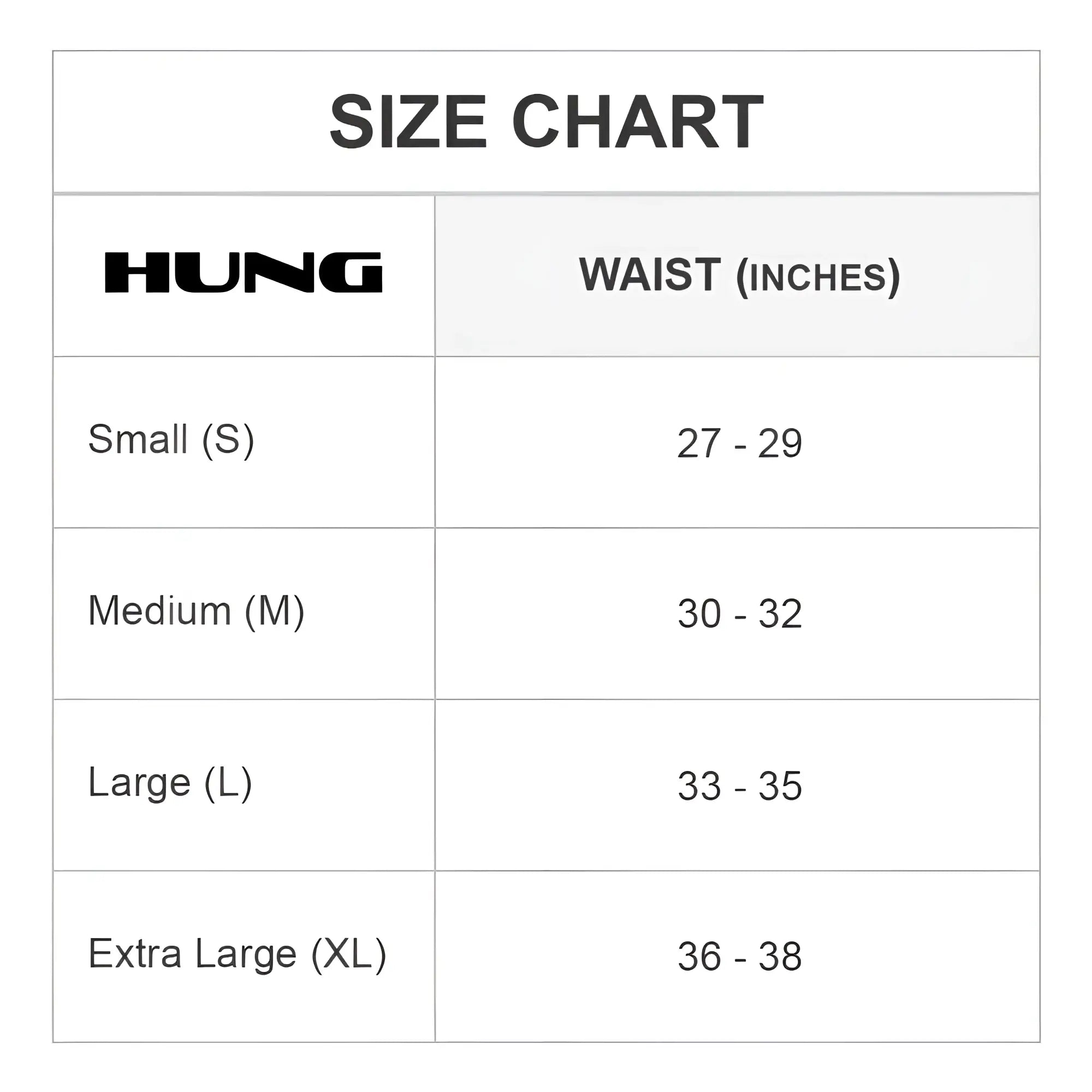 Hung hge014 jockstrap size chart showing waist measurements in inches for accurate fitting guidance