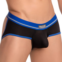 Black hung HGE017 jockstrap with bold blue trim and silver accent stripes showcasing front design