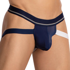 Navy blue mesh briefs with white side strap and gray waistband trim featured in hung HGE024 jockstrap design
