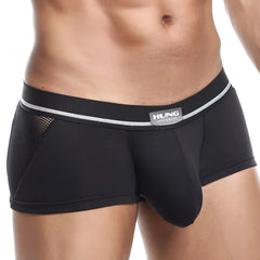 Black menâ€™s hung hgg007 boxer trunk briefs with mesh side panel and silver stripe waistband for comfort and style