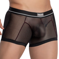 Black mesh Hung HGG012 boxer trunk with solid black waistband featuring hung underwear logo and gray trim