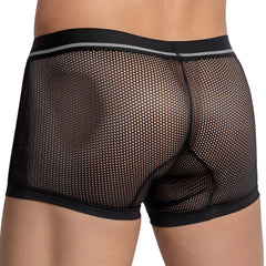 Hung HGG012 boxer trunk black mesh boxer briefs with solid black waistband and thin gray stripe for breathable comfort