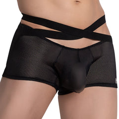 Hung HGG014 boxer trunk black mesh briefs with solid contoured pouch and crisscross elastic straps