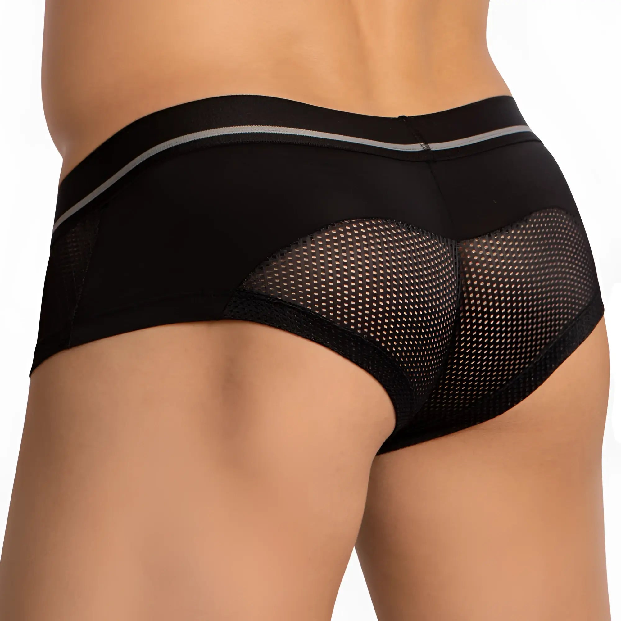 Black mesh briefs hung hgg016 with solid black waistband and thin silver stripe for stylish comfort