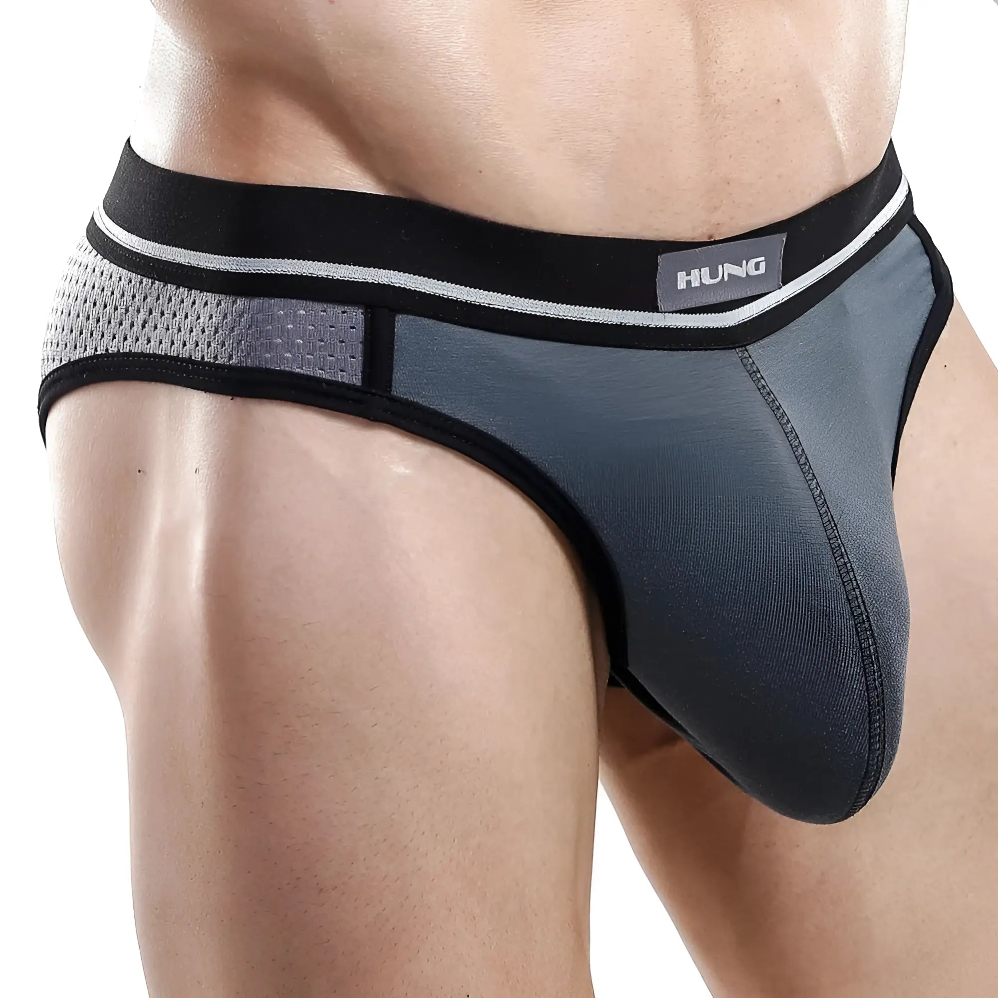 Gray and black hung HGI004 athletic briefs with mesh side panel and branded waistband label for active wear