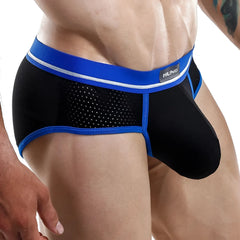 Black and blue hung hgJ004 athletic briefs with mesh panel and mung brand label on waistband