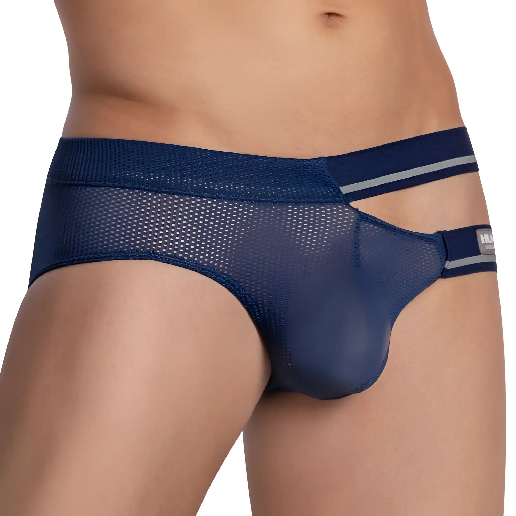 Navy blue mesh briefs hung hgJ018 with solid waistband and silver stripe accents for everyday comfort