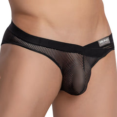 Black mesh thong brief hung hgJ019 with solid elastic waistband and branded label visible on the front side