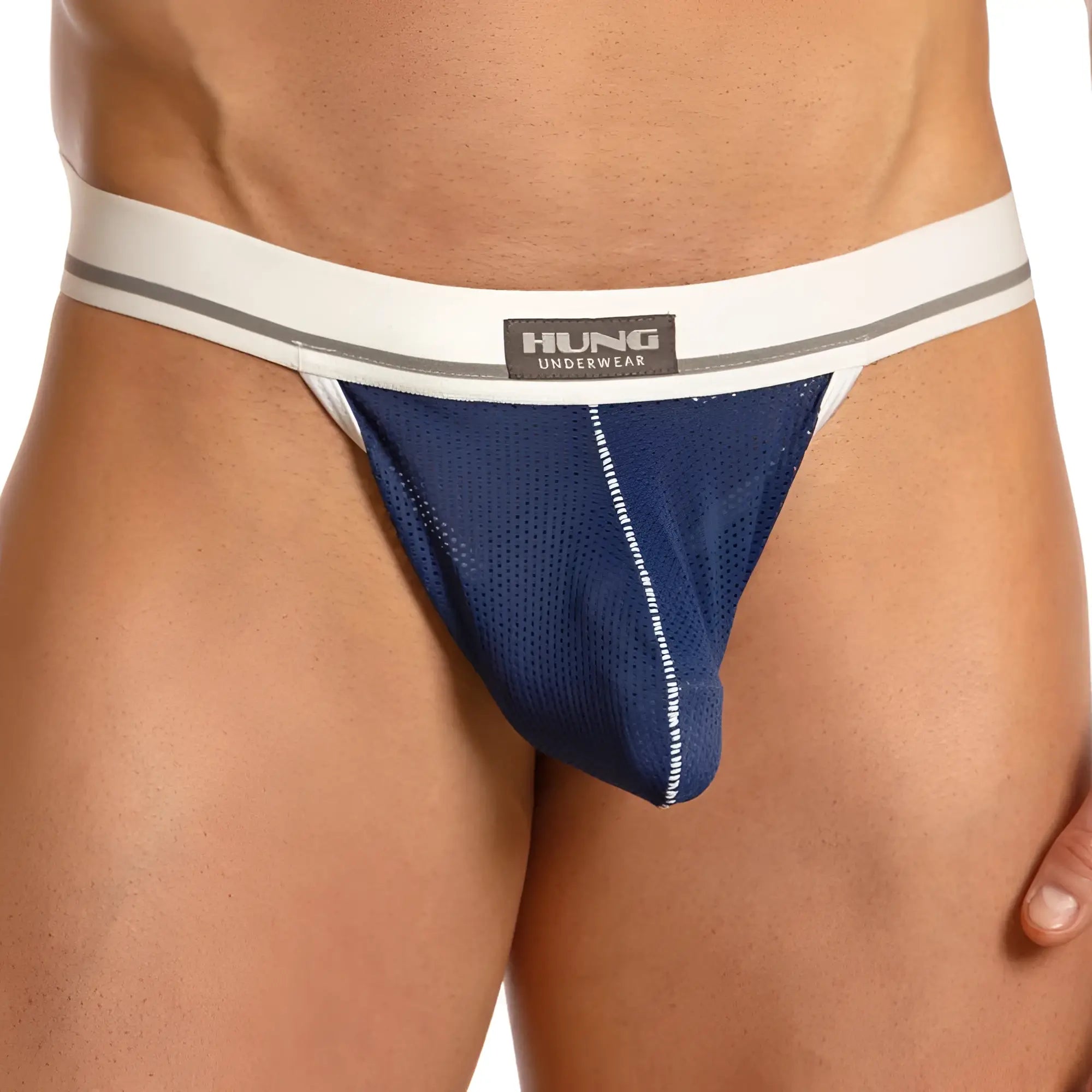 Navy blue mesh thong g-string with white waistband gray trim and black hung underwear label front by hung hgl010