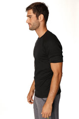 Black short-sleeved hybrid crew neck raglan tee with subtle ribbed sleeves designed for athletic wear