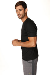 Black hybrid crew neck raglan tee with short sleeves and subtle ribbed texture for athletic use