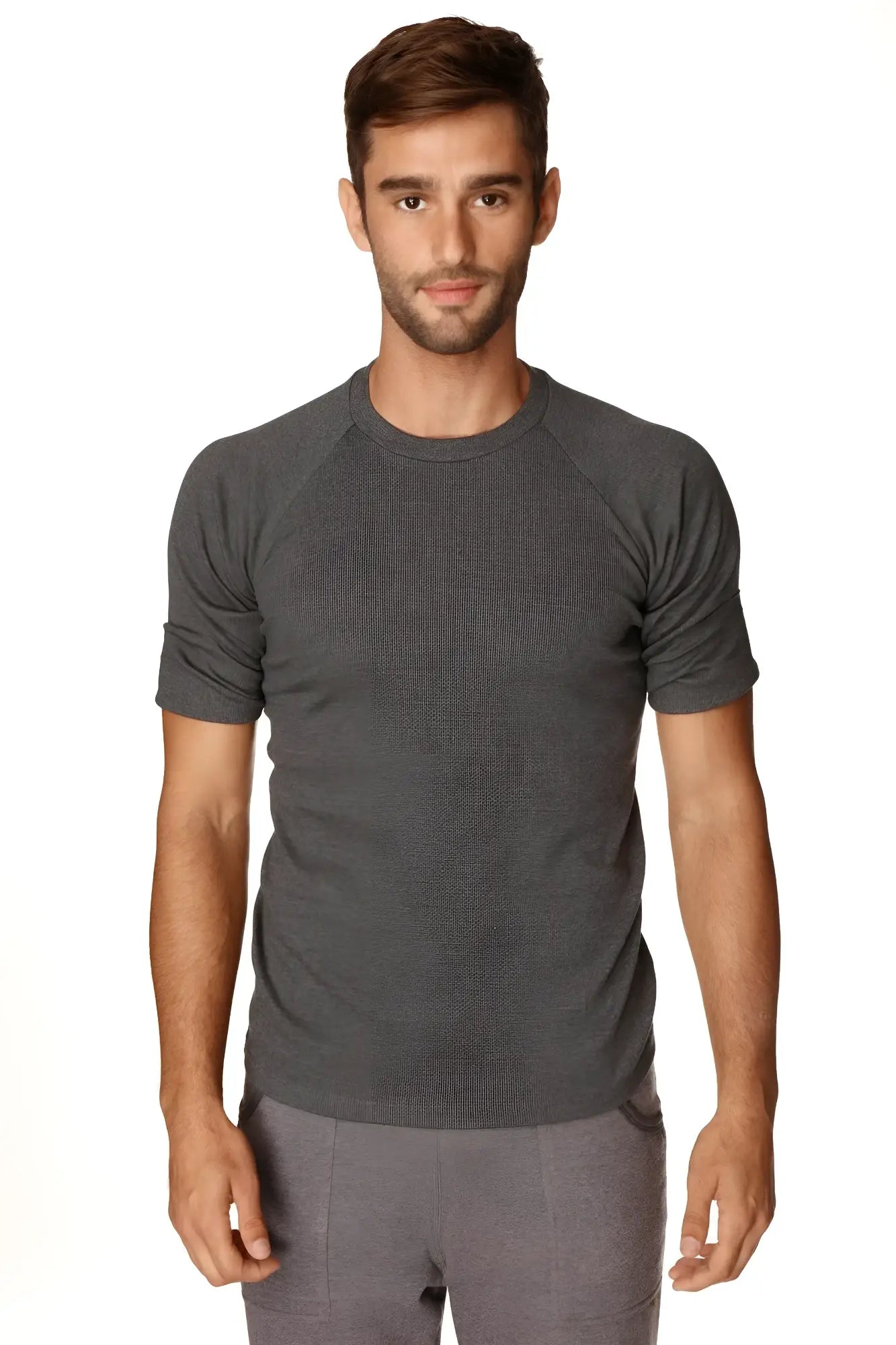 Men’s dark gray heathered hybrid crew neck raglan short-sleeve athletic tee ideal for active wear