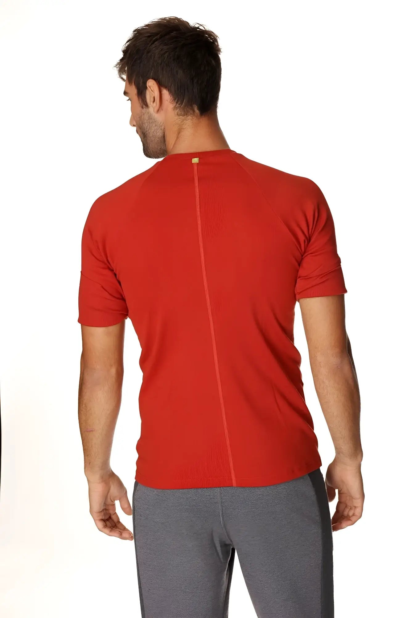Red short-sleeved hybrid crew neck raglan tee with a central back seam shown from the back in cinnabar red