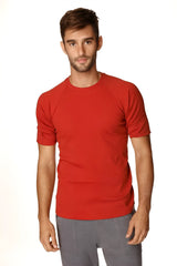 Red short-sleeved hybrid crew neck raglan tee in cinnabar red with comfortable soft fabric for casual wear