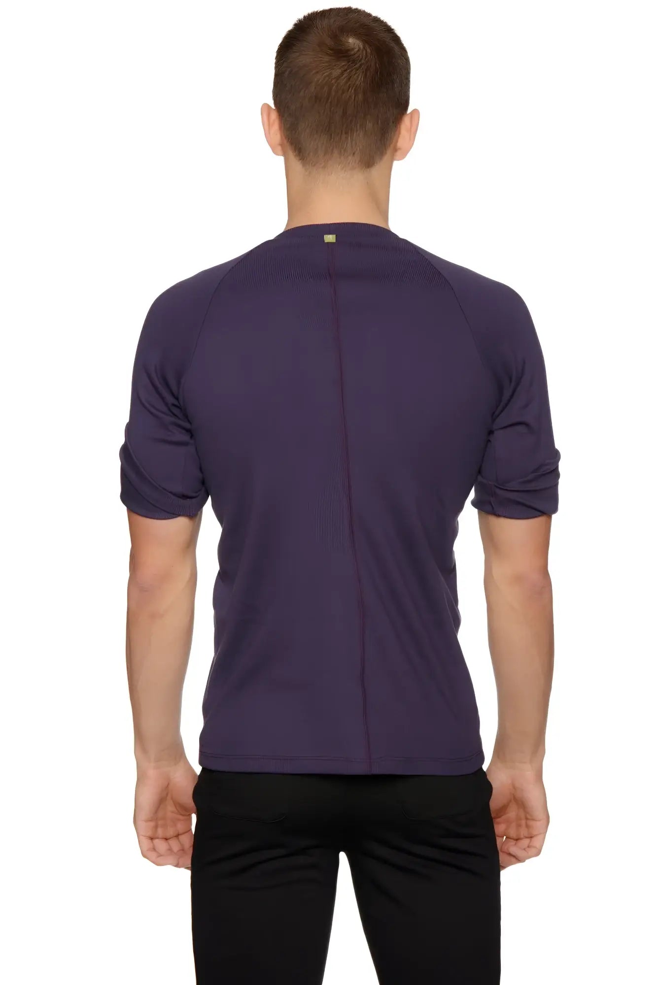 Hybrid crew neck raglan tee in dark purple with short sleeves ribbed crew neck and subtle seam detailing