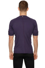 Hybrid crew neck raglan tee in dark purple with short sleeves ribbed crew neck and subtle seam detailing