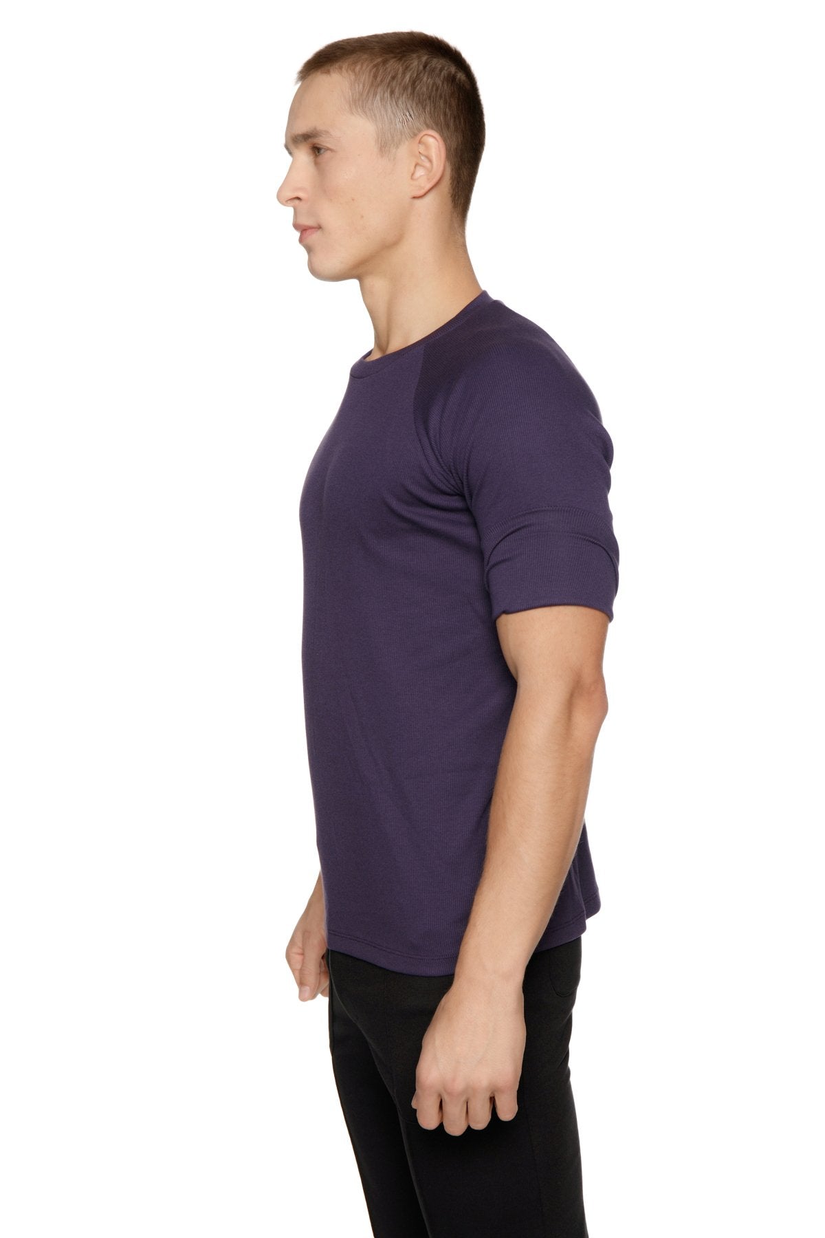 Hybrid crew neck raglan tee in dark purple short sleeve made of soft cotton fabric perfect for casual wear