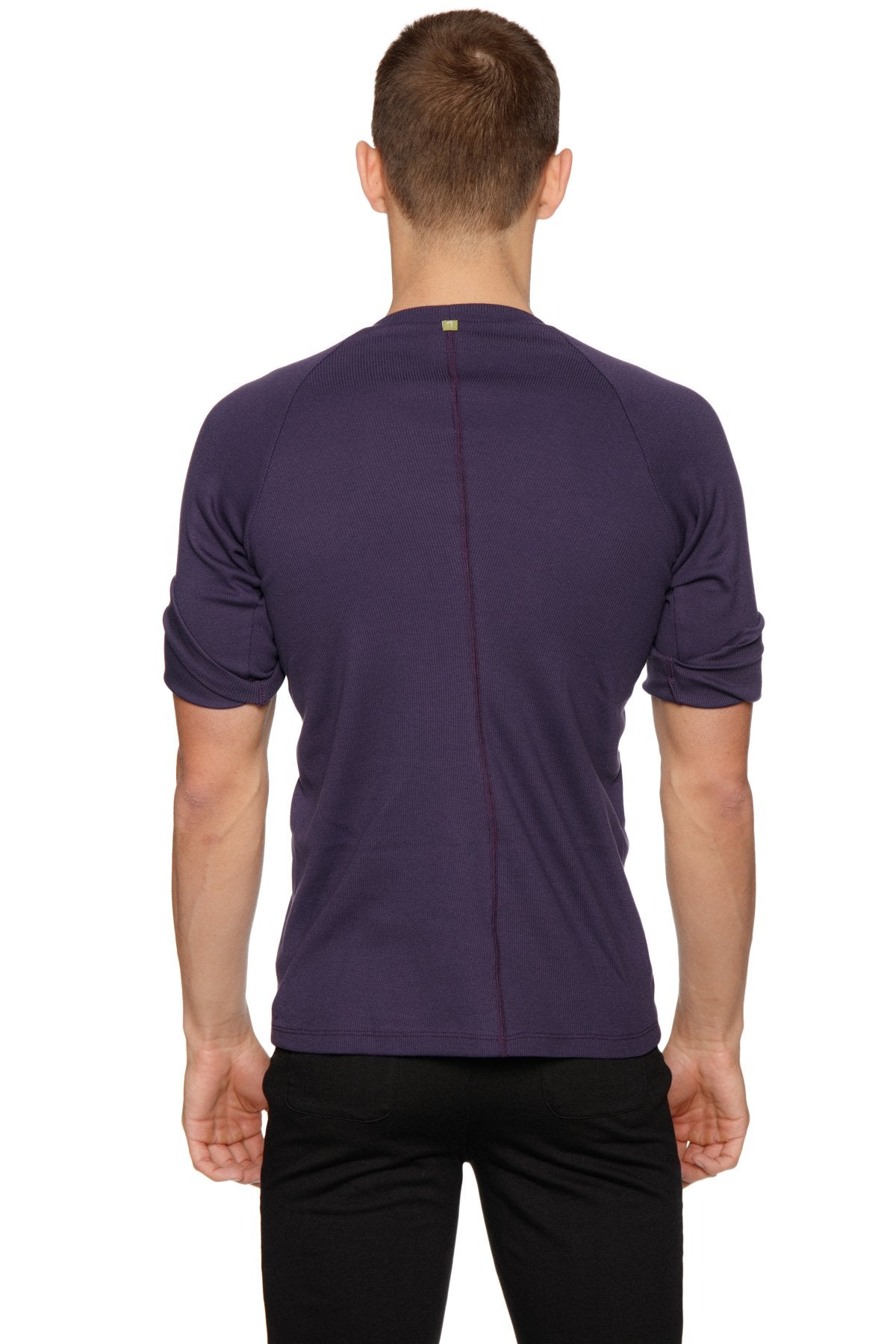 Hybrid crew neck raglan tee in dark purple with short sleeves ribbed crew neck and subtle seam detailing