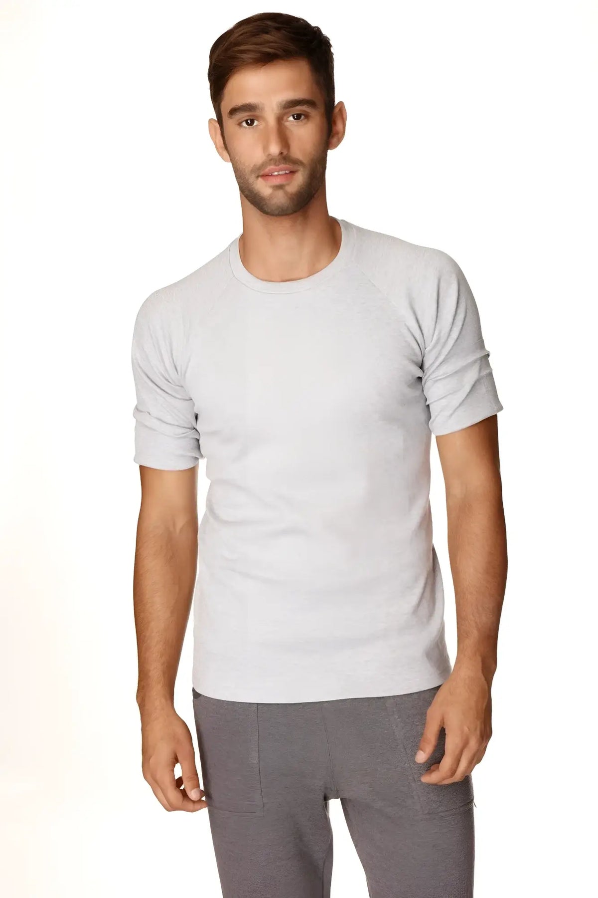 Light gray heathered cotton hybrid crew neck raglan tee with rolled-up sleeves for casual wear