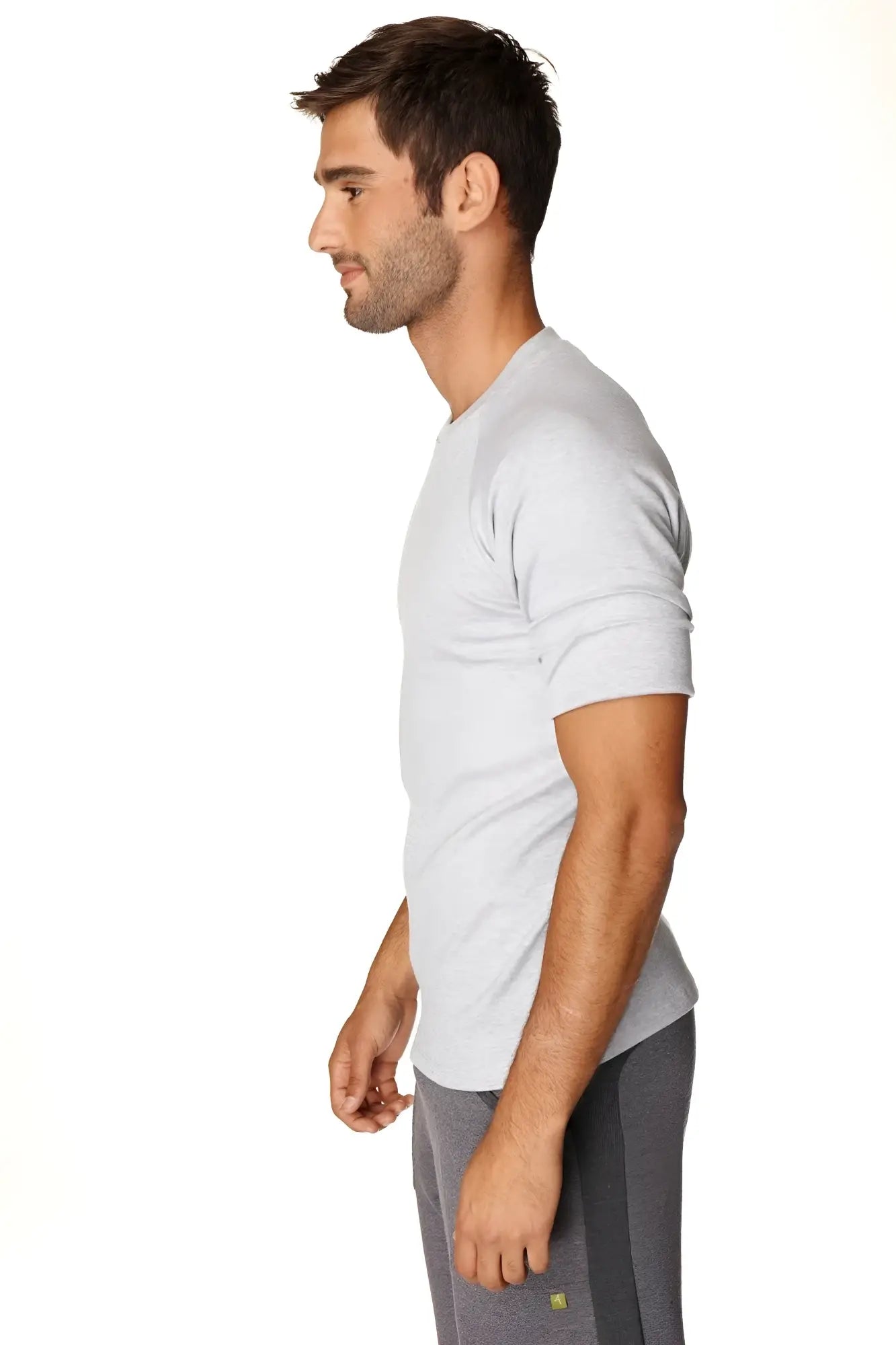 A light gray hybrid crew neck raglan tee made of soft fabric with short sleeves and a comfortable fit